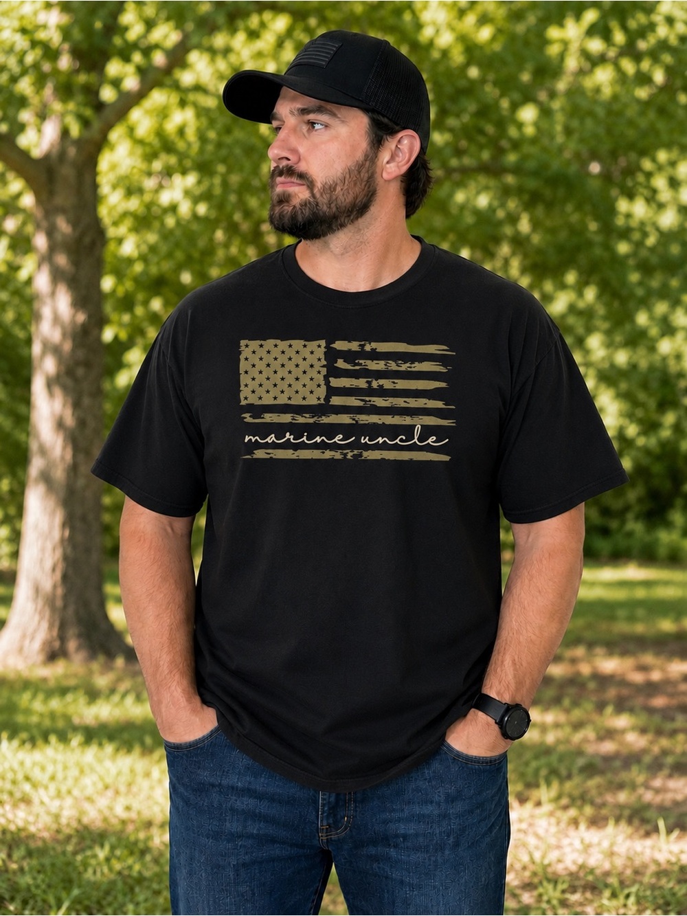 “Marine Uncle” Black T-Shirt with Green Olive Distressed Flag Graphic